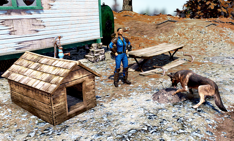 Screenshot of a wooden dog house and a German Shepard digging near by. Its owner, wearing a blue and yellow vault suit, is standing in the middle with their hands on their hips.
