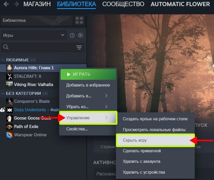 Скрыть игру стим