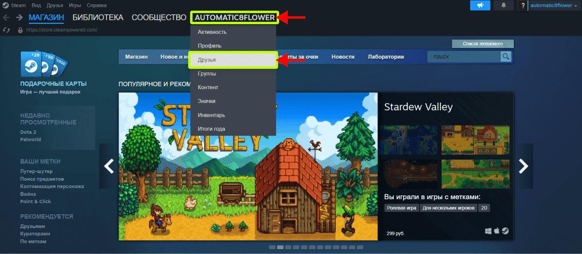 Главное окно steam